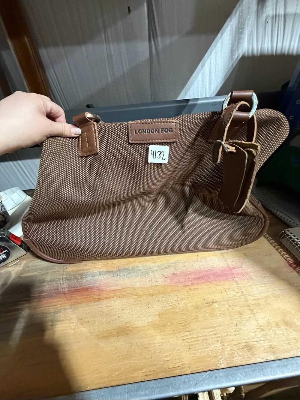 #4132-London Fog Brown Textured Tote with Leather Trim